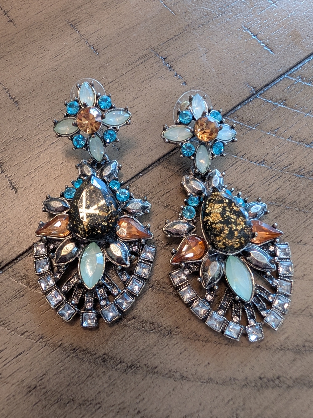 Vintage Statement Floral Drop Earrings in Teal, Amber & Black
